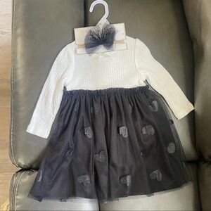 Adorable White‎ and Black Heart Dress with head band Bow